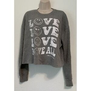 SmileyWorld Womens Gray "Love All" Cropped Distressed Crewneck Sweatshirt Size S